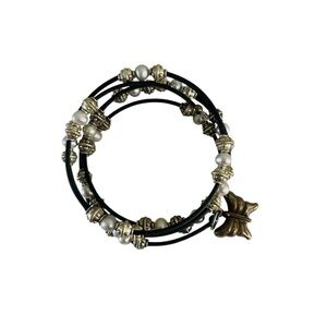 Spiral Wrap Bracelet Pearls Beads Butterfly Charm Black Gold tone